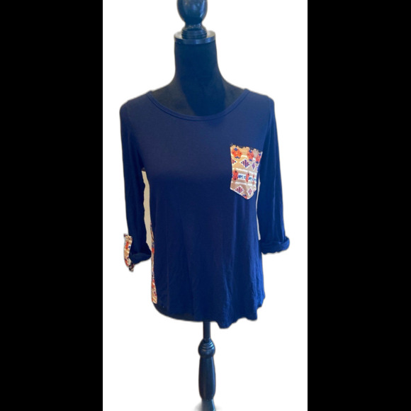 Fashionomics Blouse Size Small Navy Front Orange Pattern Back T Shirt + Stretch - Picture 1 of 8